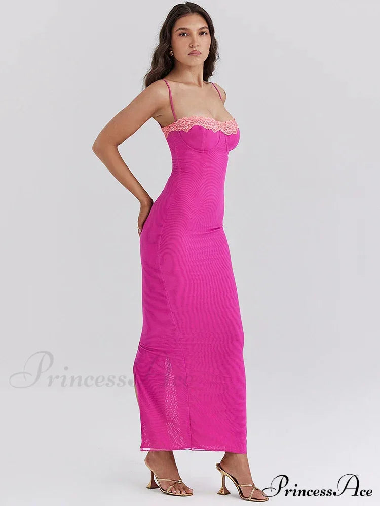 Lace Spaghetti Strap Charming Mesh Midi Dress Solid Ankle Length