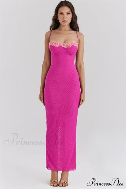 Lace Spaghetti Strap Charming Mesh Midi Dress Solid Ankle Length
