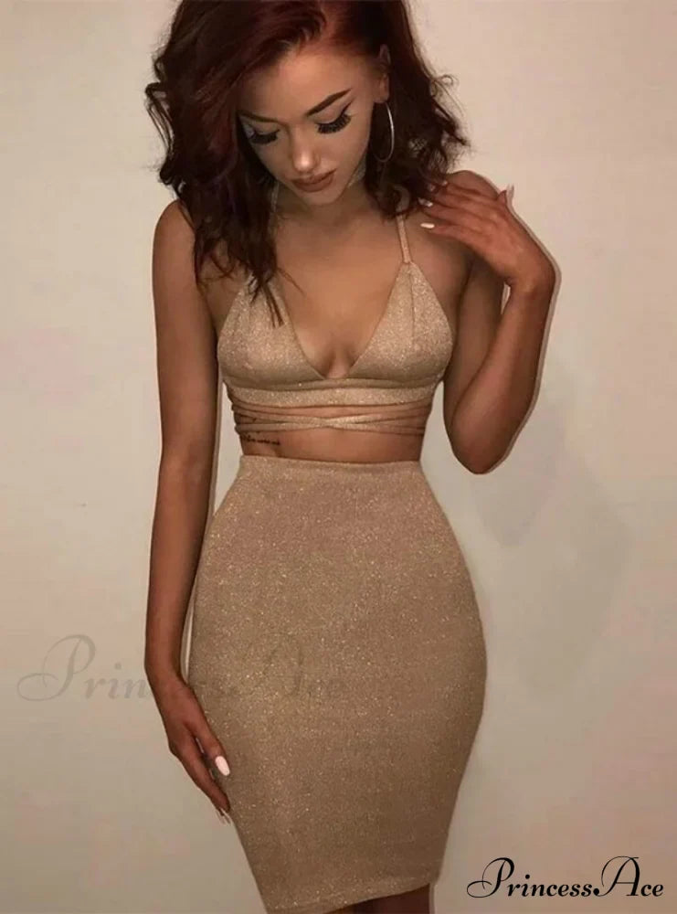 Lace Up Crop Top Two Piece Set With Deep V Neck S / Gold Party Dresses-L