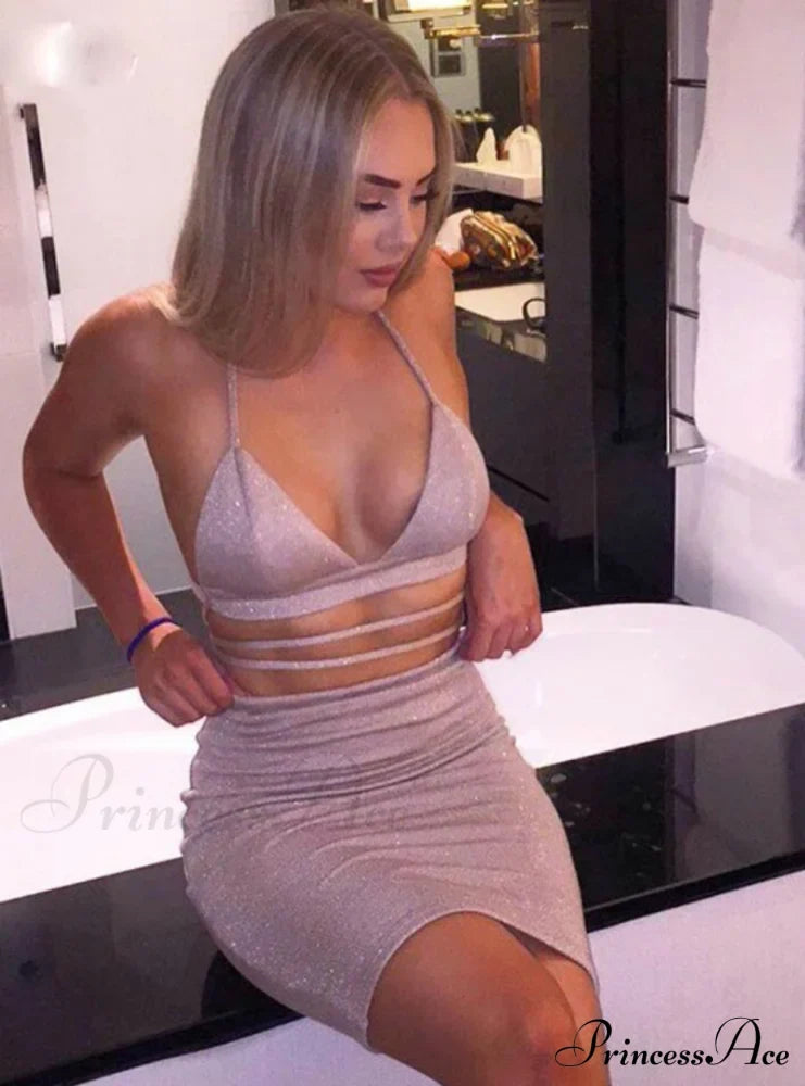 Lace Up Crop Top Two Piece Set With Deep V Neck S / Pink Party Dresses-L