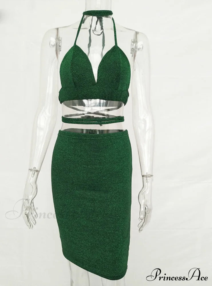 Lace Up Crop Top Two Piece Set With Deep V Neck S / Green Party Dresses-L