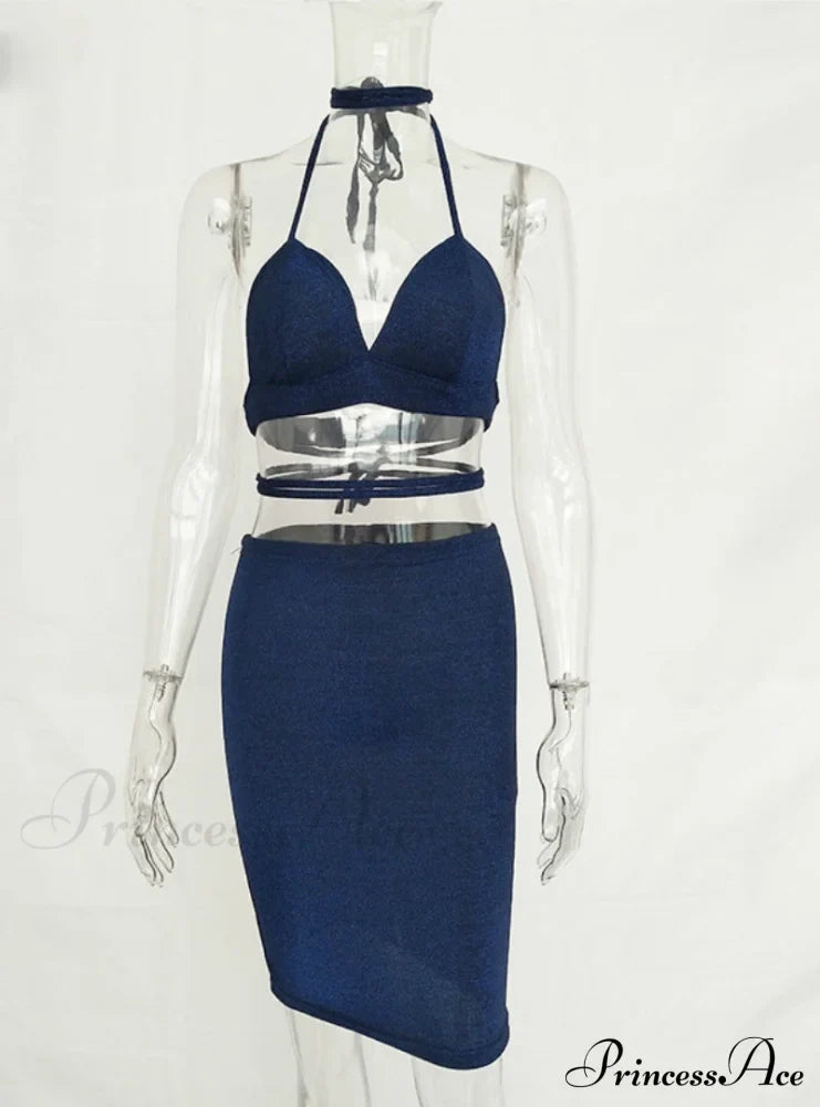 Lace Up Crop Top Two Piece Set With Deep V Neck S / Blue Party Dresses-L