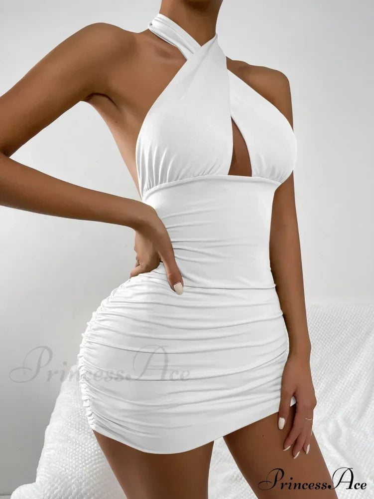 Lace Up Halterneck Strapless Backless Sleeveless Night Club Short Outfit Hollow Out Dress