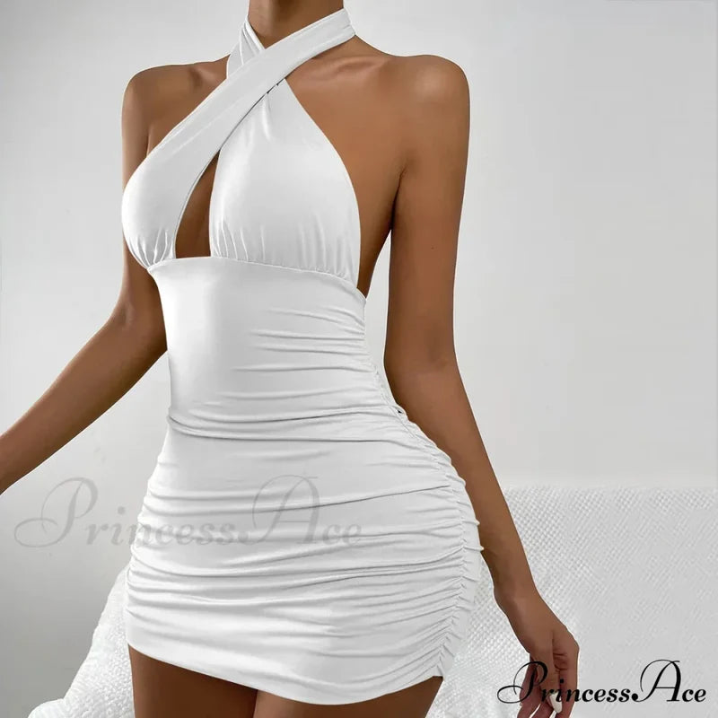 Lace Up Halterneck Strapless Backless Sleeveless Night Club Short Outfit Hollow Out Dress White / Xs