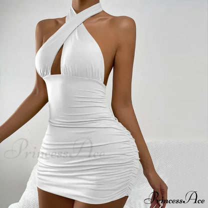 Lace Up Halterneck Strapless Backless Sleeveless Night Club Short Outfit Hollow Out Dress White / Xs