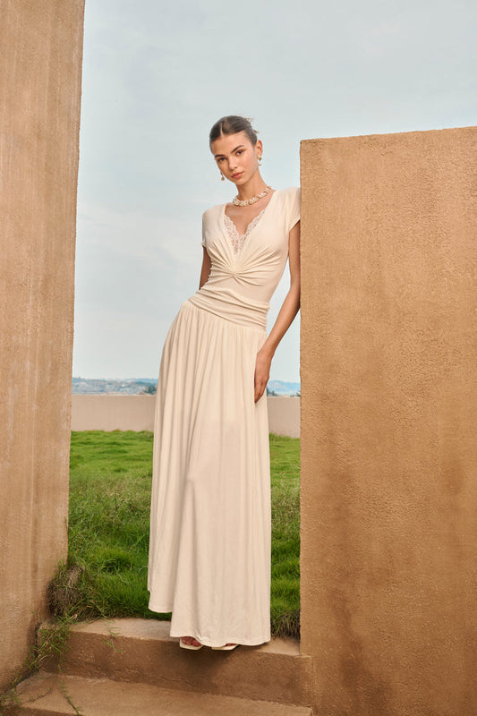 Lace V-neck ruched maxi dress