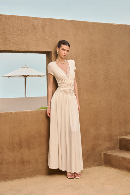 Lace V-neck ruched maxi dress