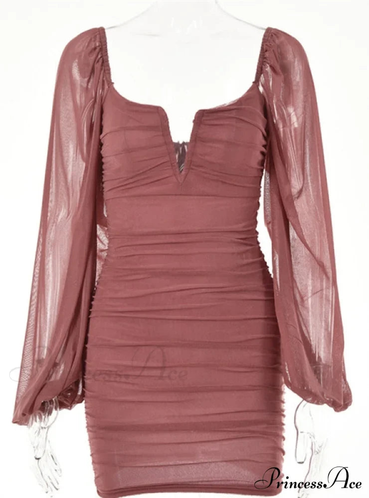 Lantern Sleeve Ruched Bodycon Dress With V-Cut M / Green Dresses