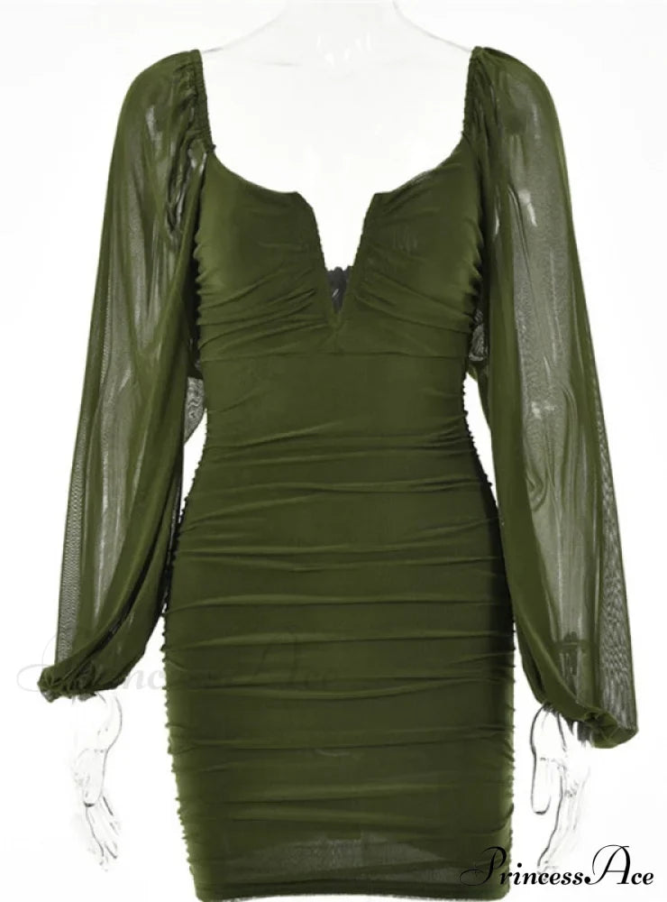 Lantern Sleeve Ruched Bodycon Dress With V-Cut S / Black Dresses