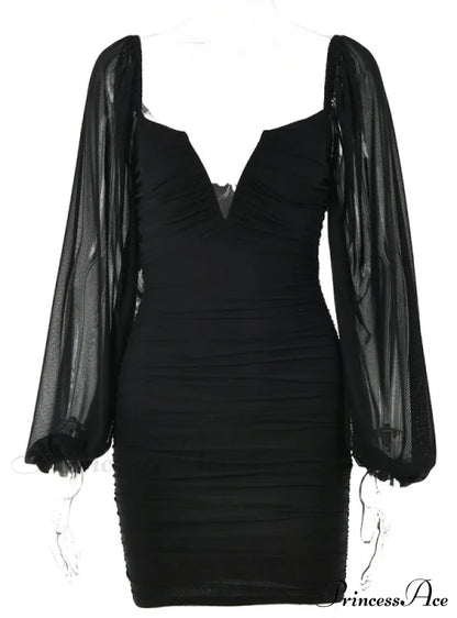 Lantern Sleeve Ruched Bodycon Dress With V-Cut S / Orange Dresses