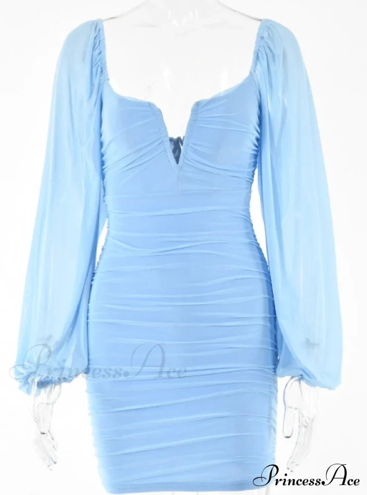 Lantern Sleeve Ruched Bodycon Dress With V-Cut M / Army Green Dresses