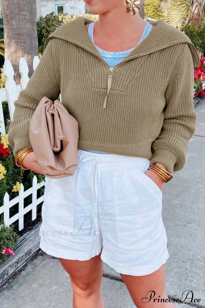 Lapel Zipper Sweater Khaki / Xl Sweaters-L