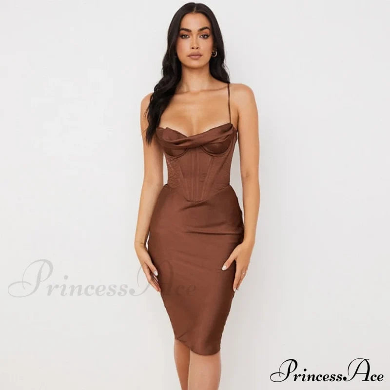 Layer Of Gown Satin Evening Club Women Celebrity Double House For - Bodycon Cb Dress Brown / Xs