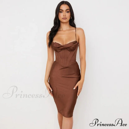 Layer Of Gown Satin Evening Club Women Celebrity Double House For - Bodycon Cb Dress Brown / Xs