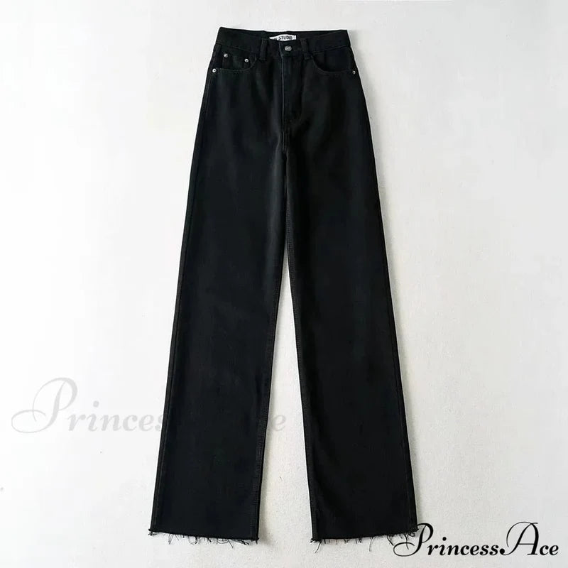 Leg Straight Denim Casual Fashion Women’s - Baggy Jeans High Waist Fit Black / Xs