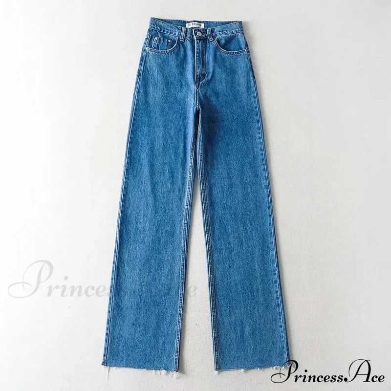 Leg Straight Denim Casual Fashion Women’s - Baggy Jeans High Waist Fit Dark Blue / Xs