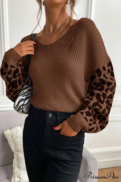 Leopard Patchwork Pullover Sweater Coffee / S Sweaters-L