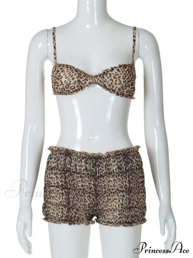 Leopard Print Ruffles Cami Graceful Bra Top And Shorts Set Suits