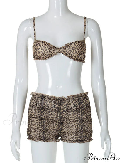 Leopard Print Ruffles Cami Graceful Bra Top And Shorts Set Suits
