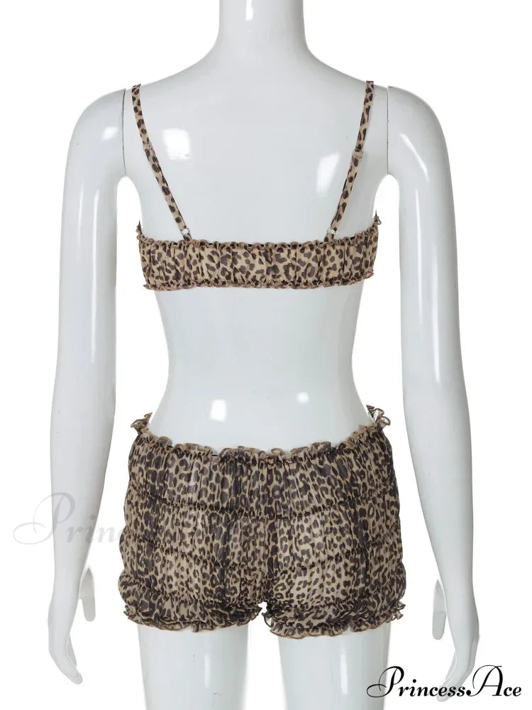 Leopard Print Ruffles Cami Graceful Bra Top And Shorts Set Suits