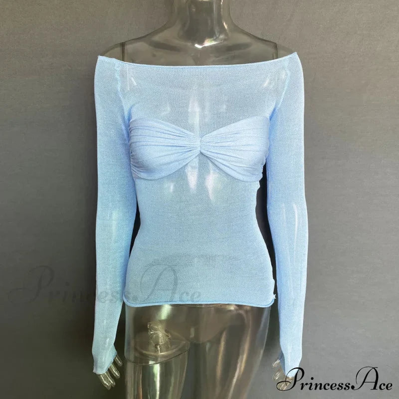 New Fashion Women's Clothing Lightweight See-Through Neck T-Shirt Top Sky blue azure blouse Clothes long sleeve shirts long sleeve top shirt shirts tops