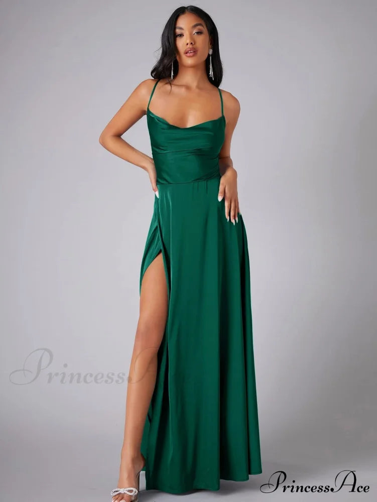 Lola High Stylish Slit Satin Dress Hunter / S S.o. Long Dresses