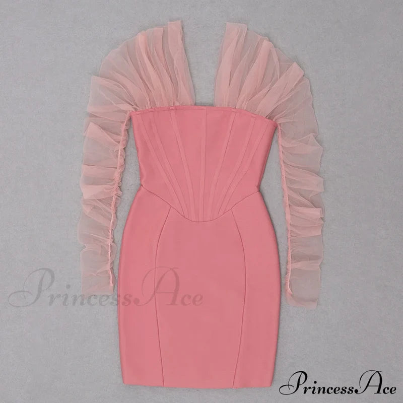 Long Arm Pink Warm-Season Sexy Bodycon Mesh Shoulder Bandage Backless Mini Women Off Dress