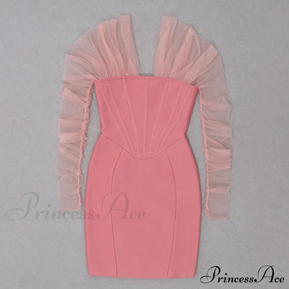 Long Arm Pink Warm-Season Sexy Bodycon Mesh Shoulder Bandage Backless Mini Women Off Dress