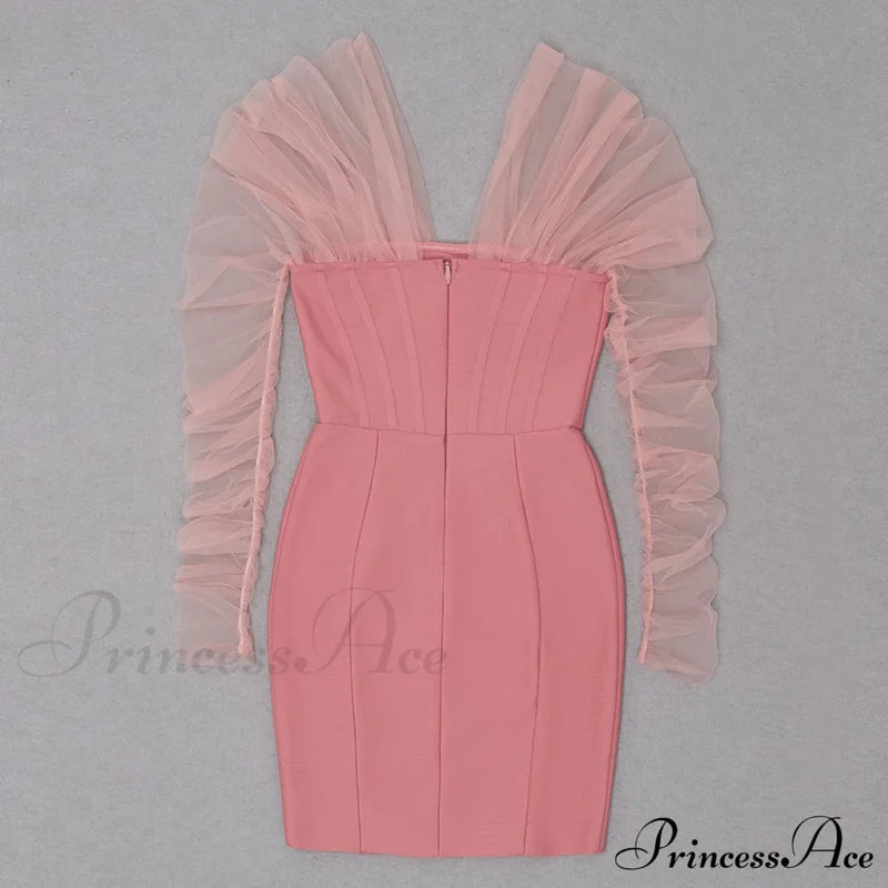 Long Arm Pink Warm-Season Sexy Bodycon Mesh Shoulder Bandage Backless Mini Women Off Dress