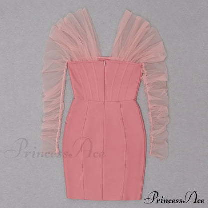 Long Arm Pink Warm-Season Sexy Bodycon Mesh Shoulder Bandage Backless Mini Women Off Dress