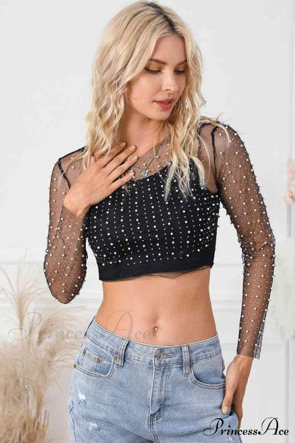 Long Cropped With Pearl Top Mesh Sleeves