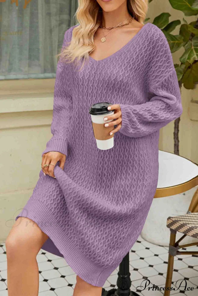Long Knitted Sweater Dress In Solid Color Purple / S Midi Dresses