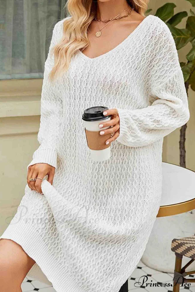 Long Knitted Sweater Dress In Solid Color White / M Midi Dresses