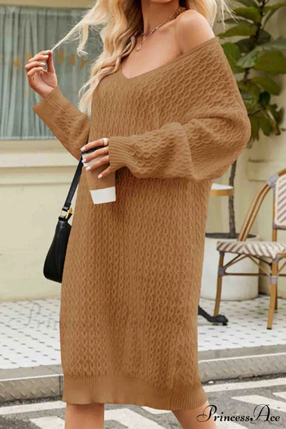 Long Knitted Sweater Dress In Solid Color Camel / M Midi Dresses