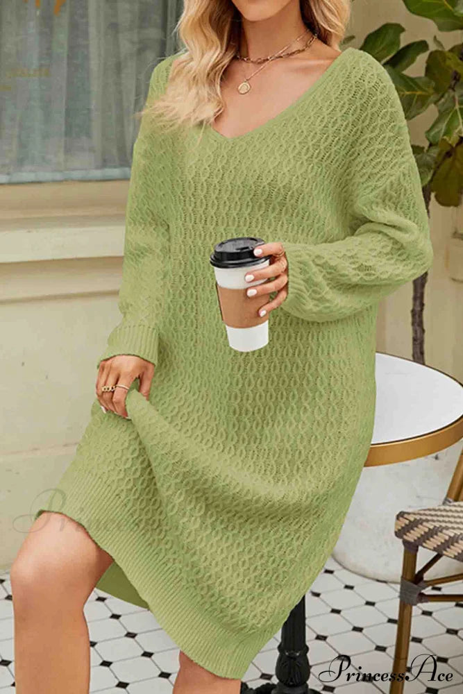Long Knitted Sweater Dress In Solid Color Green / L Midi Dresses