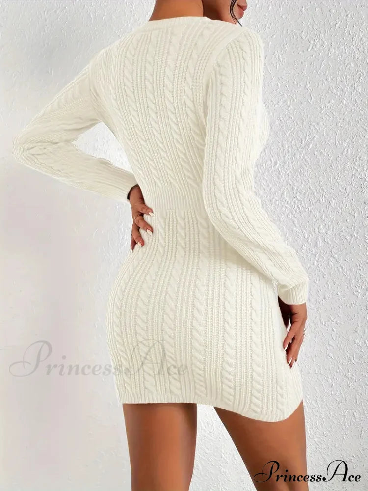 Long Sleeve Cut Out Sweater Knit Bodycon Dress Xs / Beige Bodycon Sweater Dress