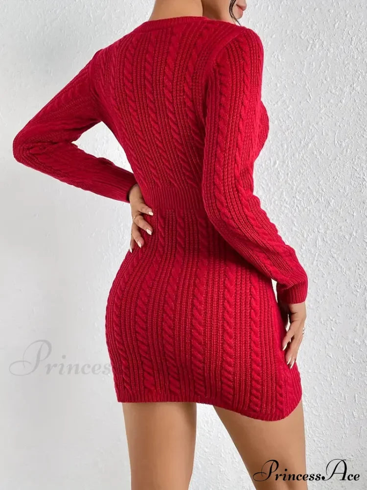 Long Sleeve Cut Out Sweater Knit Bodycon Dress S / Blue Bodycon Sweater Dress