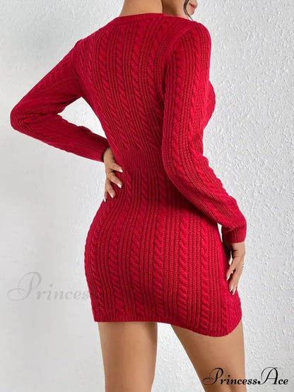 Long Sleeve Cut Out Sweater Knit Bodycon Dress S / Blue Bodycon Sweater Dress