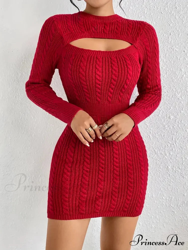Long Sleeve Cut Out Sweater Knit Bodycon Dress S / Beige Bodycon Sweater Dress