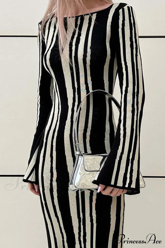 Long Sleeve Knitted Dress With Contrast Color Maxi Dresses