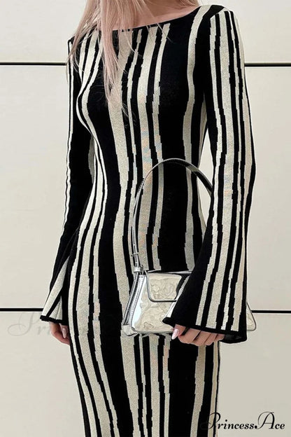 Long Sleeve Knitted Dress With Contrast Color Maxi Dresses