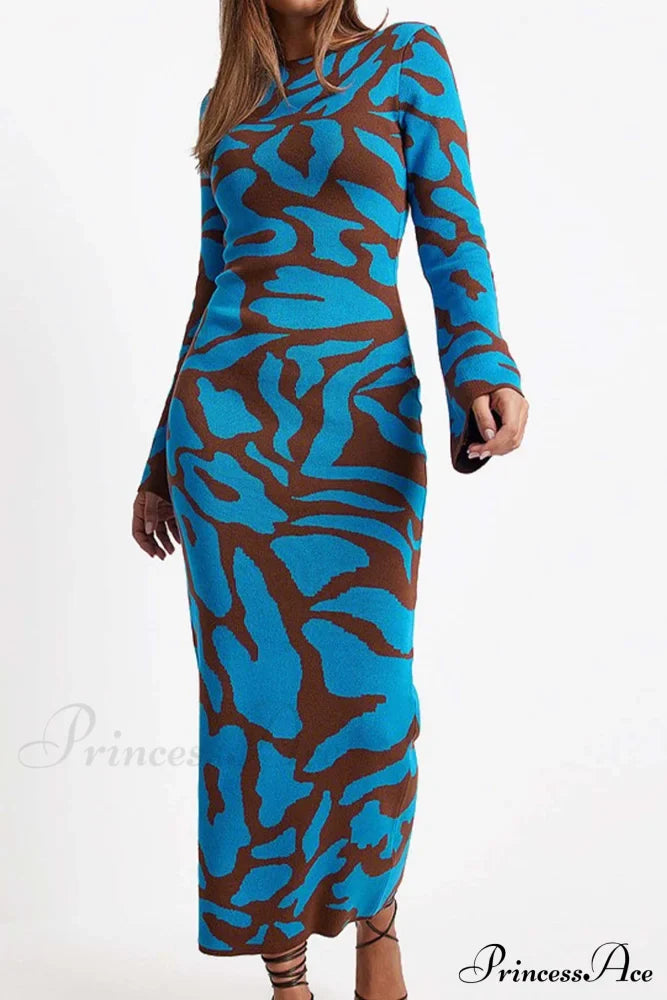 Long Sleeve Knitted Dress With Contrast Color Blue / S Maxi Dresses