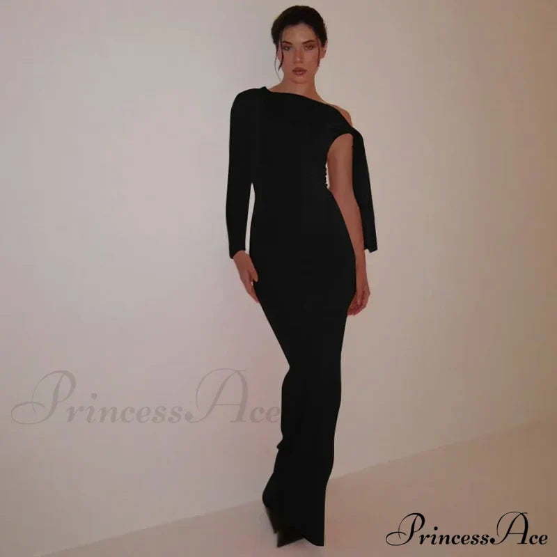 Long Sleeve One Shoulder Graceful Tie Up Bodycon Maxi Dress Fishtail