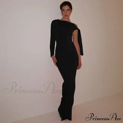 Long Sleeve One Shoulder Graceful Tie Up Bodycon Maxi Dress Fishtail