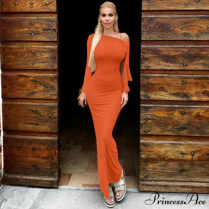 Long Sleeve One Shoulder Graceful Tie Up Bodycon Maxi Dress Fishtail