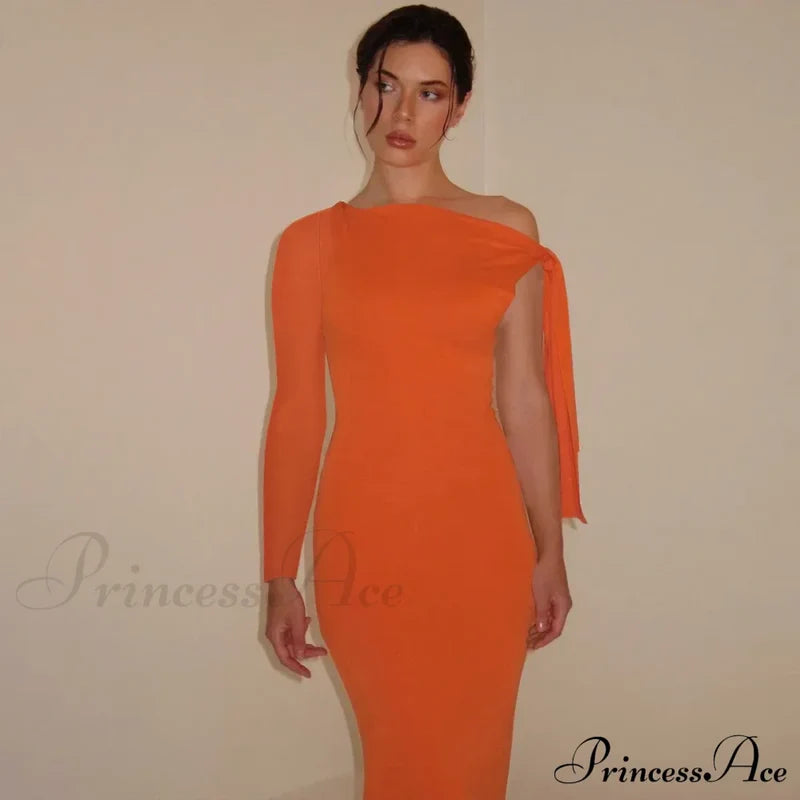 Long Sleeve One Shoulder Graceful Tie Up Bodycon Maxi Dress Fishtail