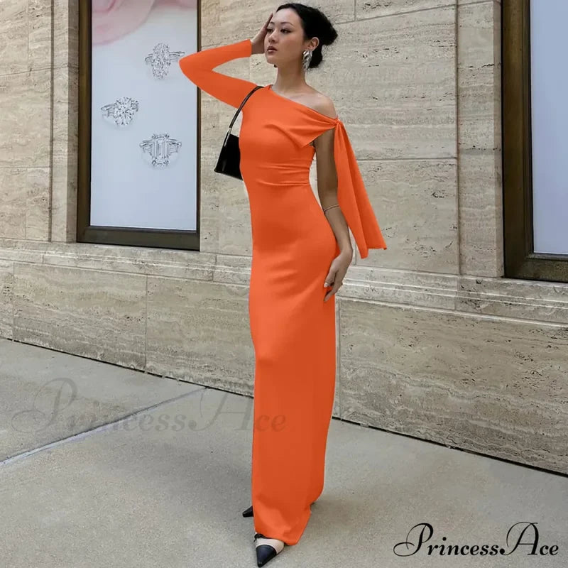 Long Sleeve One Shoulder Graceful Tie Up Bodycon Maxi Dress Fishtail