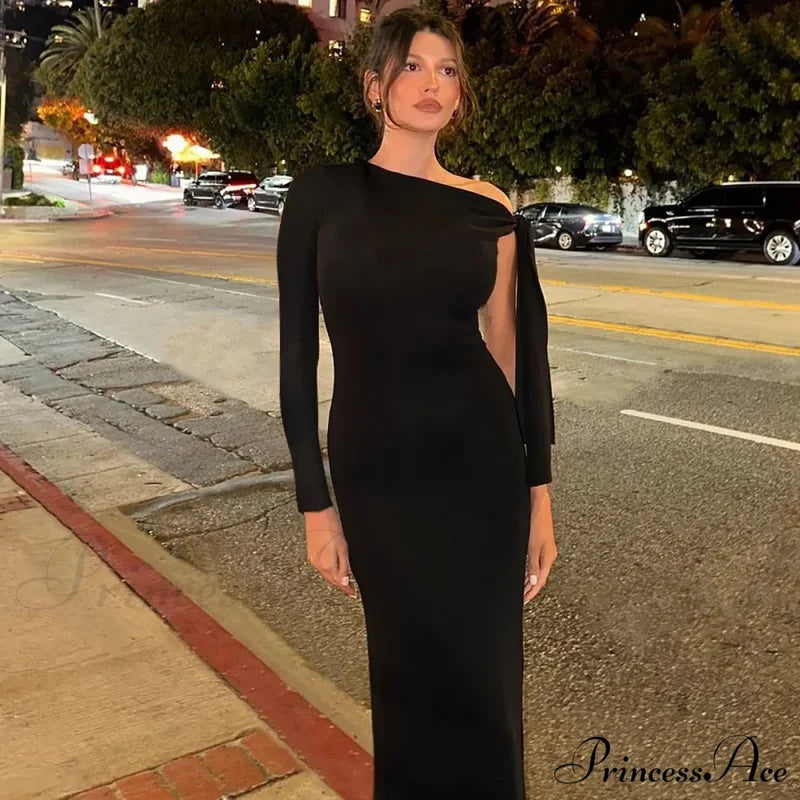 Long Sleeve One Shoulder Graceful Tie Up Bodycon Maxi Dress Fishtail