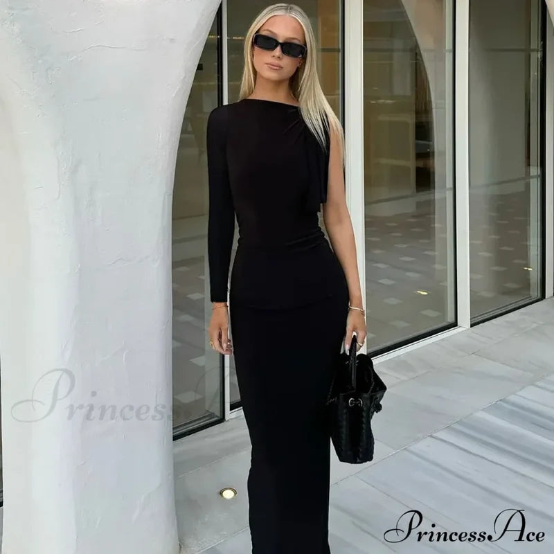 Long Sleeve One Shoulder Graceful Tie Up Bodycon Maxi Dress Fishtail