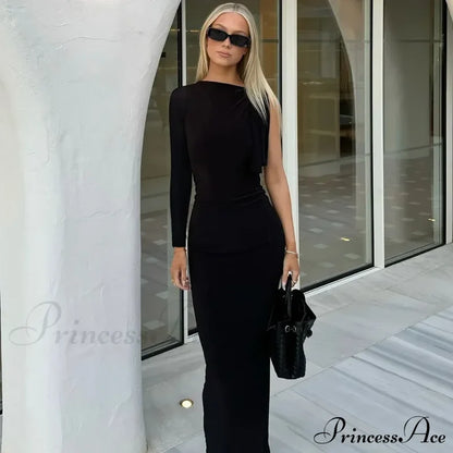 Long Sleeve One Shoulder Graceful Tie Up Bodycon Maxi Dress Fishtail